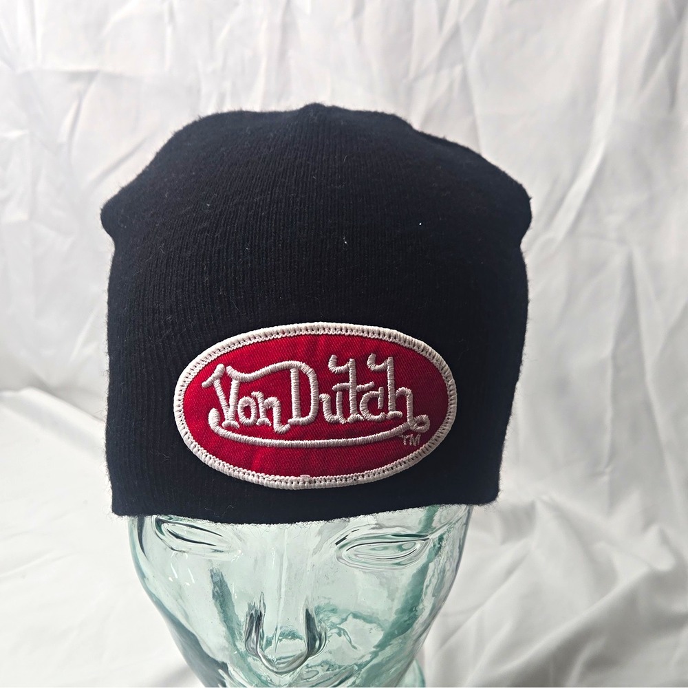 Von Dutch Knit Beanie Hat Black w/ Red & White Logo Patch One Size Unisex